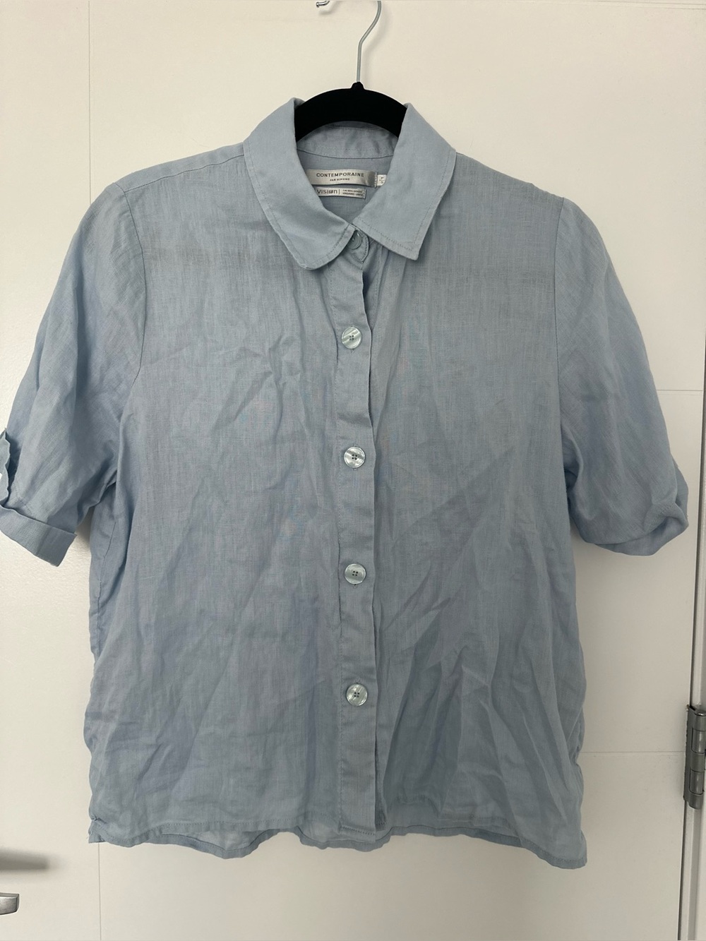 Organic Linen Contemporaine Par Simons Pale Blue Short-Sleeve Button-Down Blouse